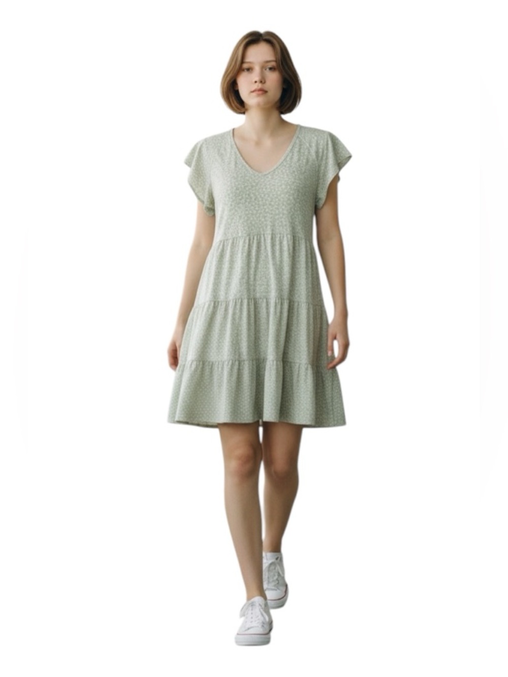 Altar’d State Light Green Floral Tiered V-Neck Women's Dress Sz/L